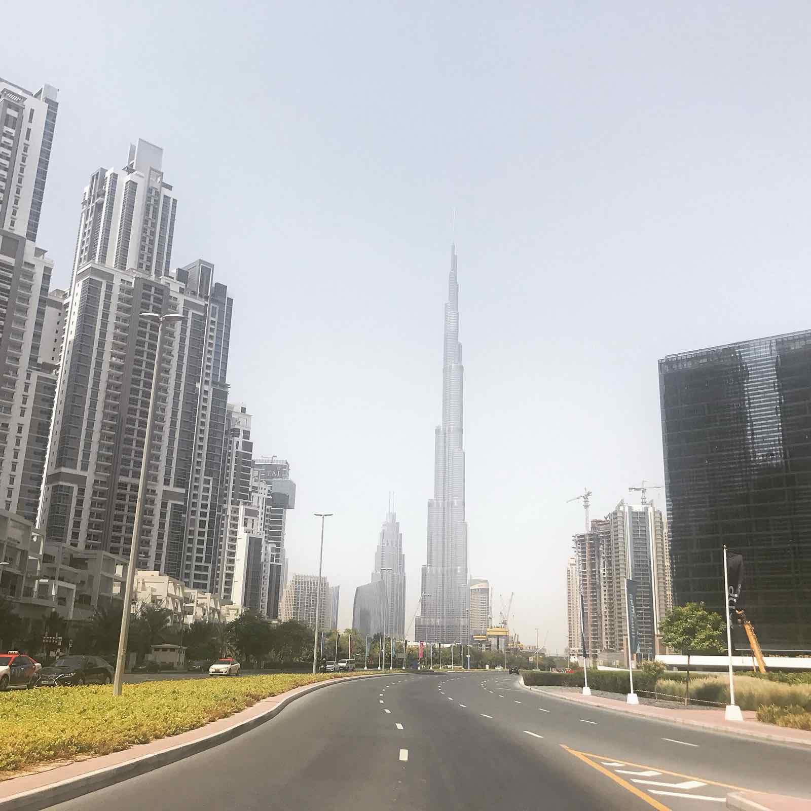 Burj Khalifa seen from a Business Bay boulevard
