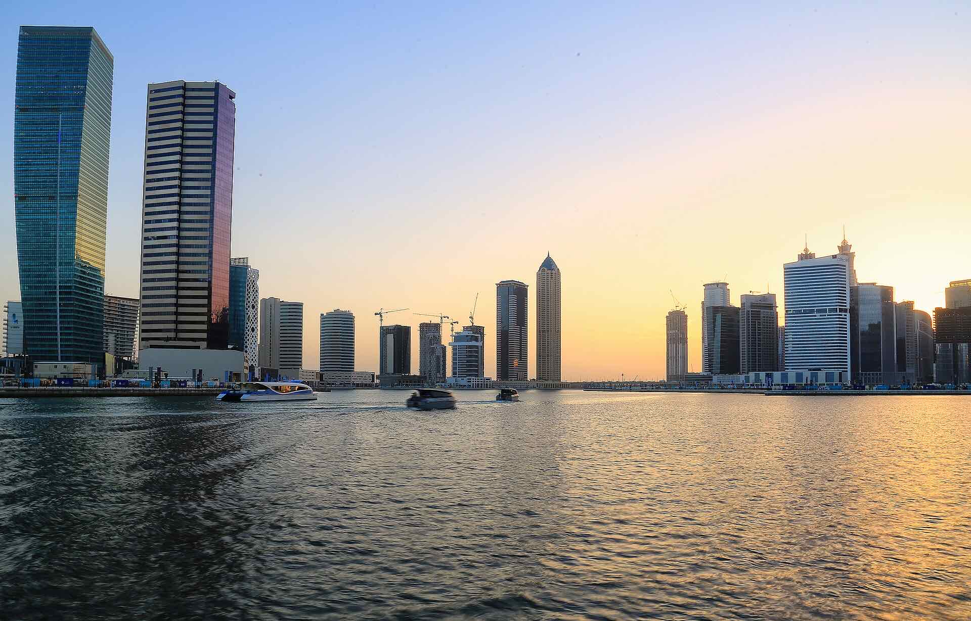Business Bay on the Dubai Water Canal at golden hour