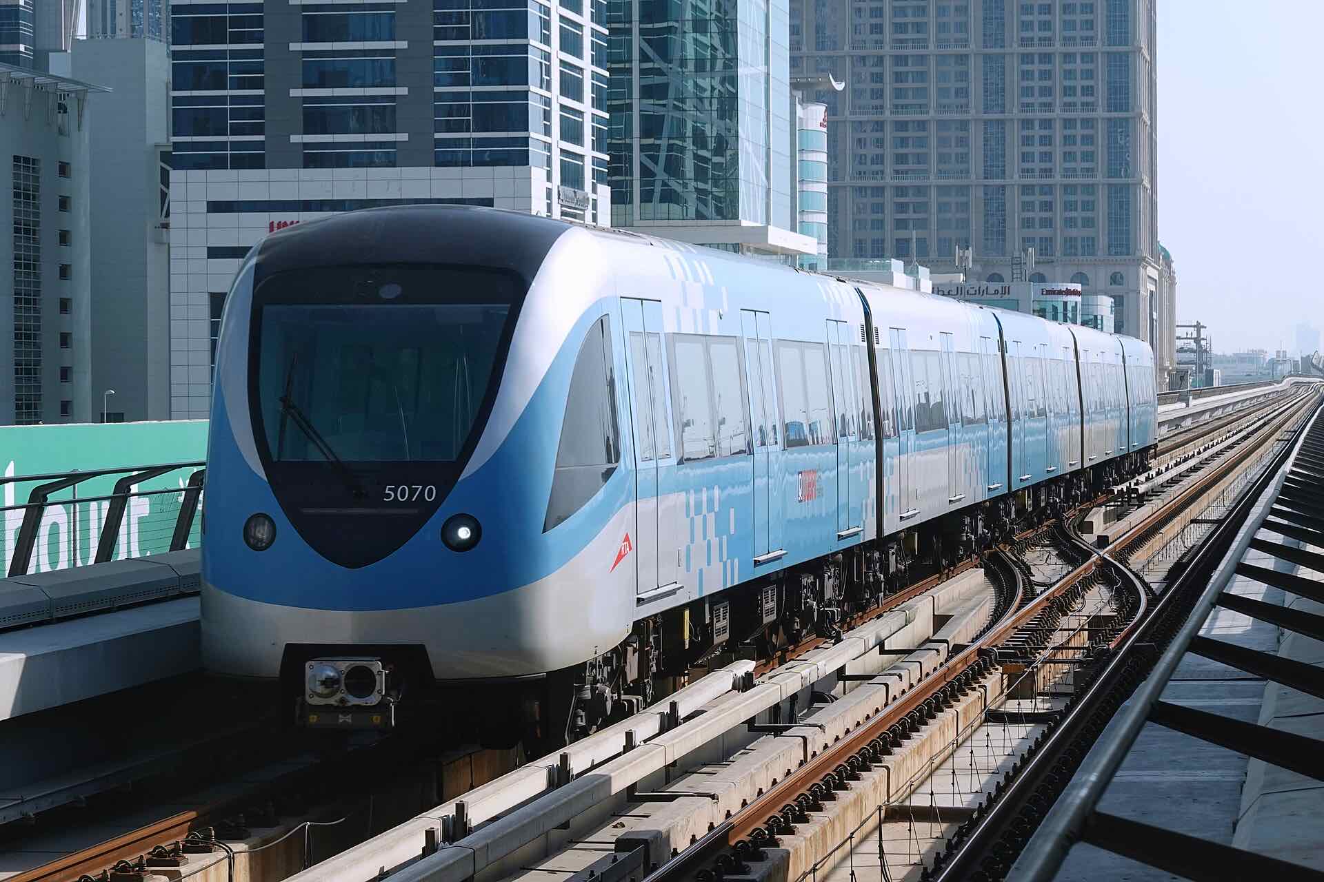 Dubai Metro train at Business Bay Metro Station, one minute from Atelier by Ellington